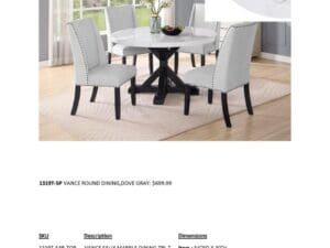 A table and chairs set with white leather chairs.