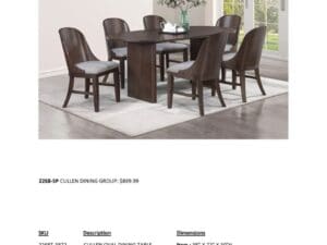Brown oval dining table with six chairs.