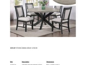 Grey round dining table with four chairs.