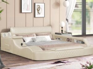 A bed with white sheets and pillows on it