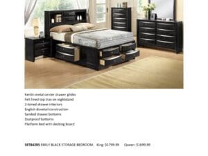 Black platform storage bed and bedroom set.