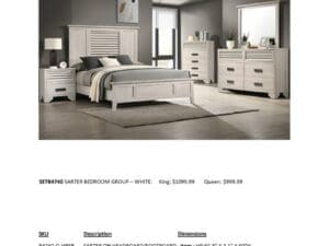 White queen bedroom set with headboard and rails.