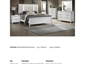 White queen bedroom set with LED headboard.