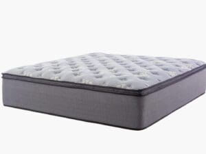 Grey quilted mattress, comfortable sleep.