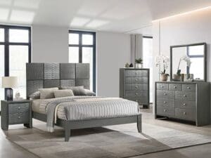 Gray bedroom furniture set with bed.