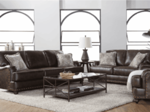 Brown leather sofas and coffee table.