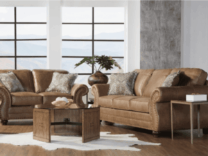 Brown leather sofa and loveseat set.