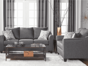 Gray sofa and loveseat set in living room.