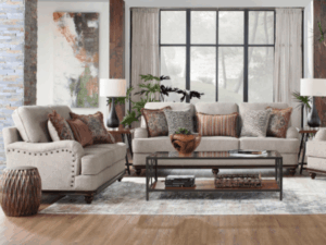 Beige living room set with coffee table.