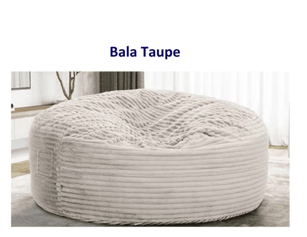 Taupe corduroy round bean bag chair.