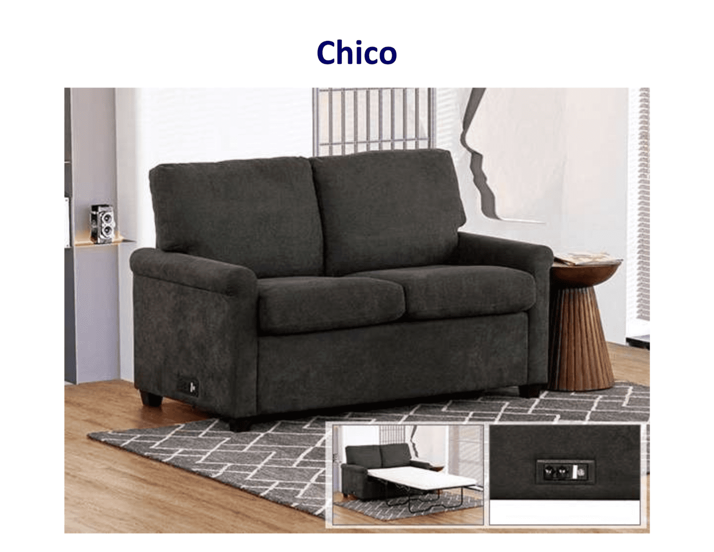 Dark gray Chico futon sofa bed.