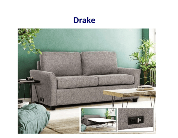 Gray Drake sofa bed with outlets.