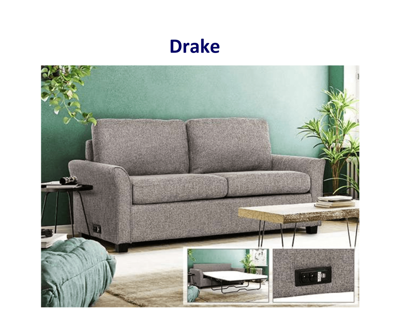 Gray Drake sofa bed with outlets.