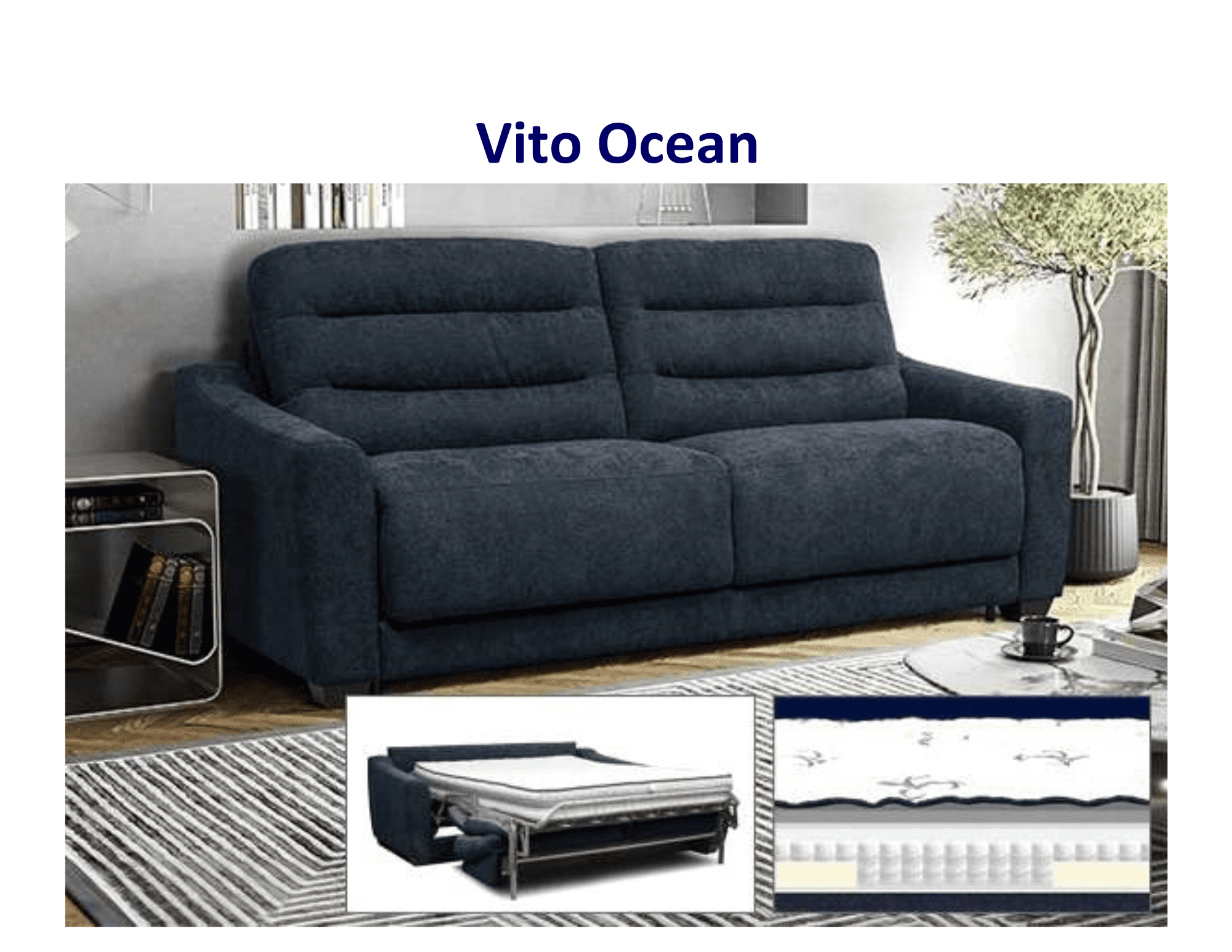 Vito Ocean sofa bed, dark blue fabric.