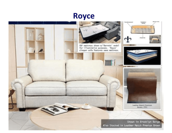 Beige Royce sleeper sofa, premium brown option.