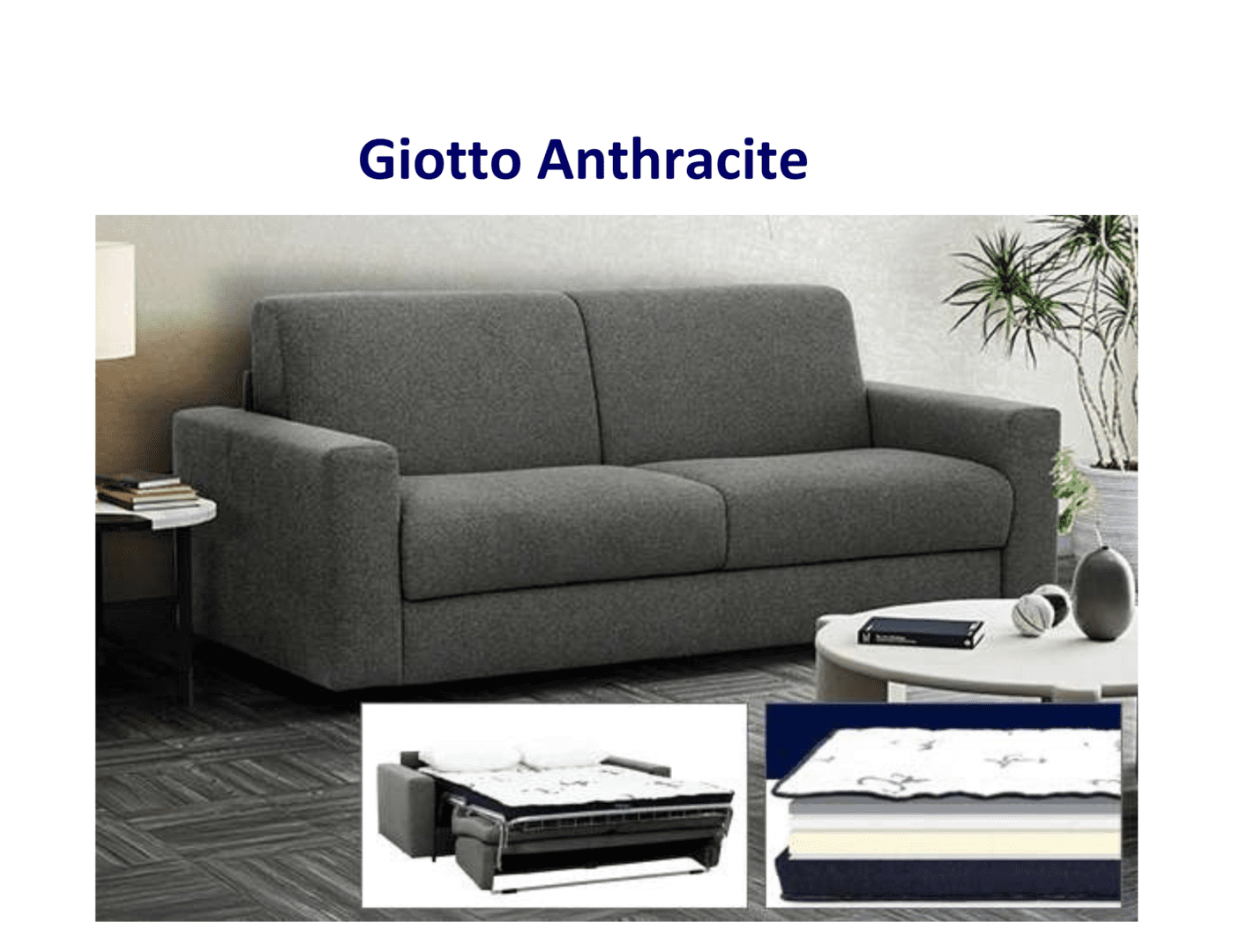 Giotto Anthracite sofa bed, gray fabric.