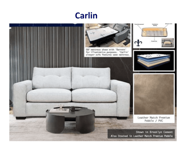 Carlin sleeper sofa, light gray fabric.