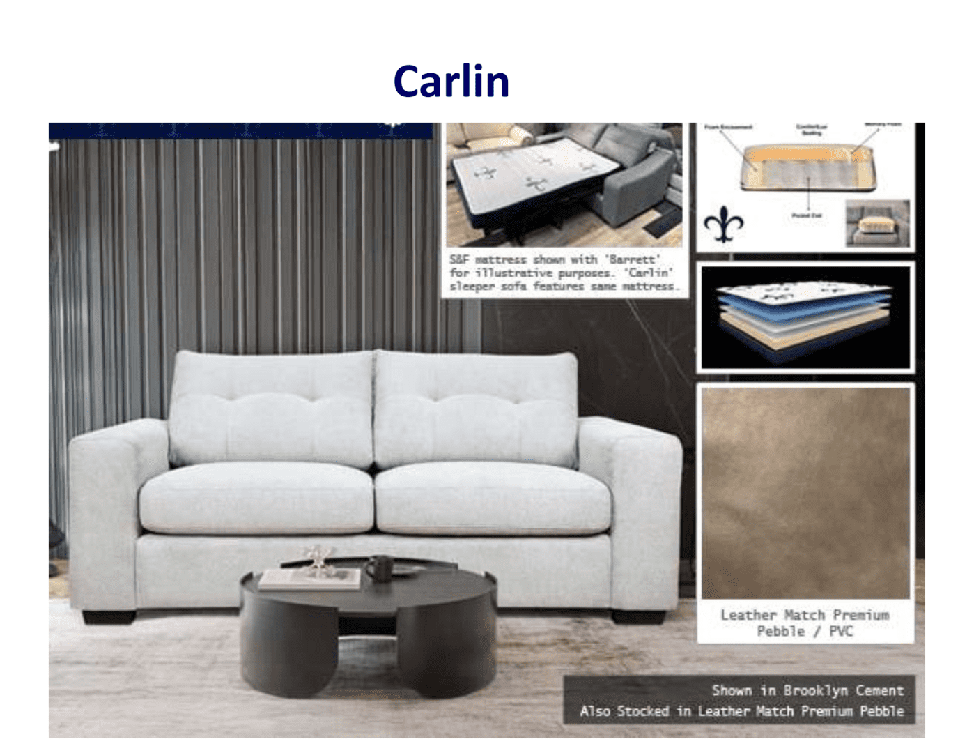 Carlin sleeper sofa, light gray fabric.