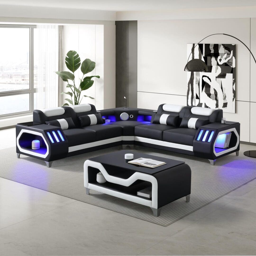 Modern L-shaped LED sectional sofa set.