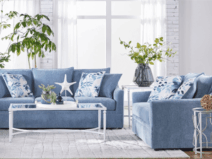 Blue living room sofa and loveseat set.