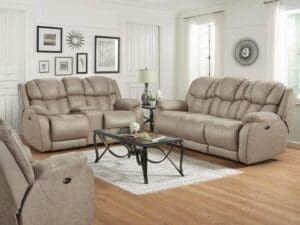 Beige reclining sofa and loveseat set.