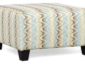 Square ottoman, wavy teal fabric pattern.