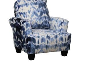 Blue and white patterned accent chair.