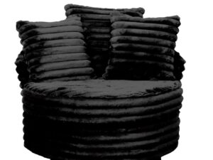 Black round fur chair with pillows.