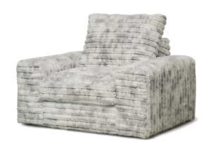 Grey plush armchair with pillows.