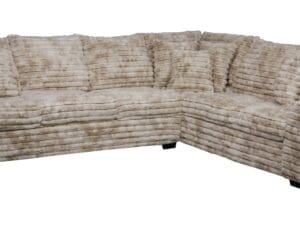 Beige corduroy L-shaped sectional sofa.