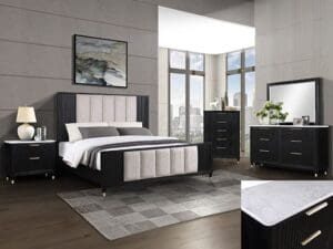 Black bedroom furniture set with gold accents.
