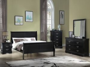 Black sleigh bed, dresser, and mirror set.