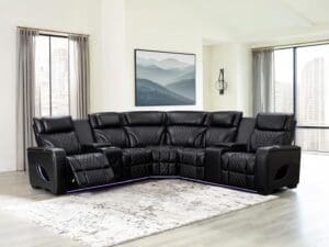 Black leather sectional with LED lighting.