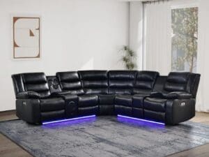 Black leather sectional with LED lights.