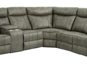 Gray sectional recliner sofa with cup holders.