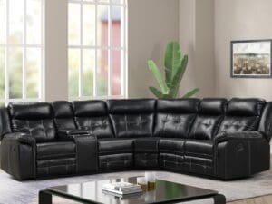 Black leather sectional reclining sofa.