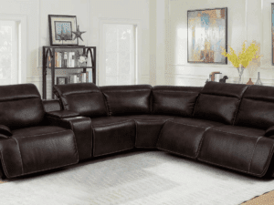 Brown leather sectional recliner sofa.