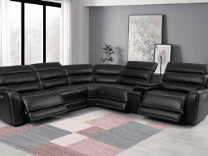 Black leather sectional recliner sofa.