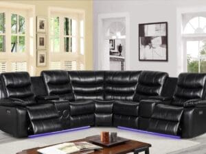 Black leather sectional with LED lighting.
