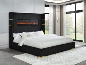 Black velvet bed with built-in fireplace.